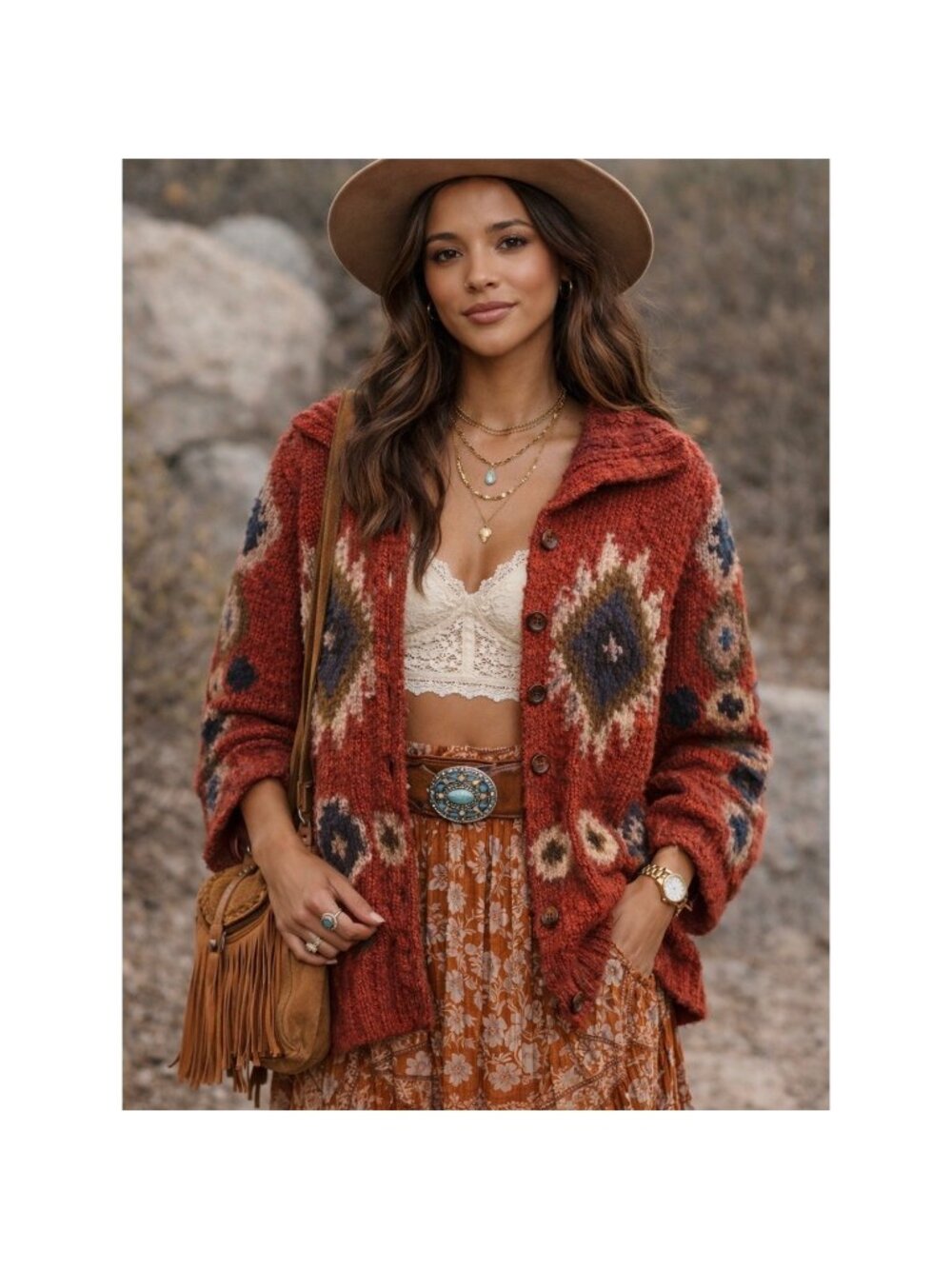 Seventh Avenue Southwestern Boucle Knit Button Front Cardigan Rust Red Womens L